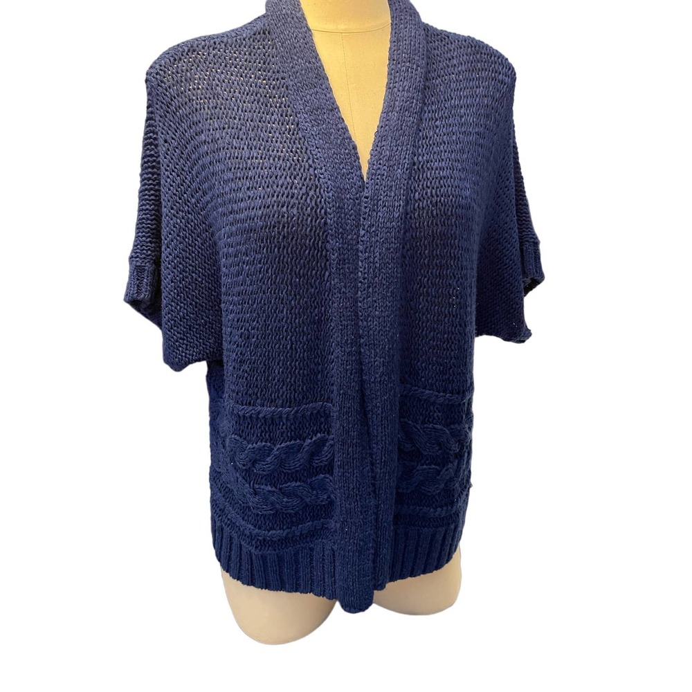 Chico's Womens Blue Open Front Chunky Knit ShortSleeve Sweater Sz L/12